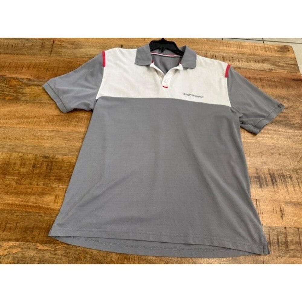 BMW Golfsport Grey White Red Buttons Collar Mens Polo XL Short Sleeve Clean Golf